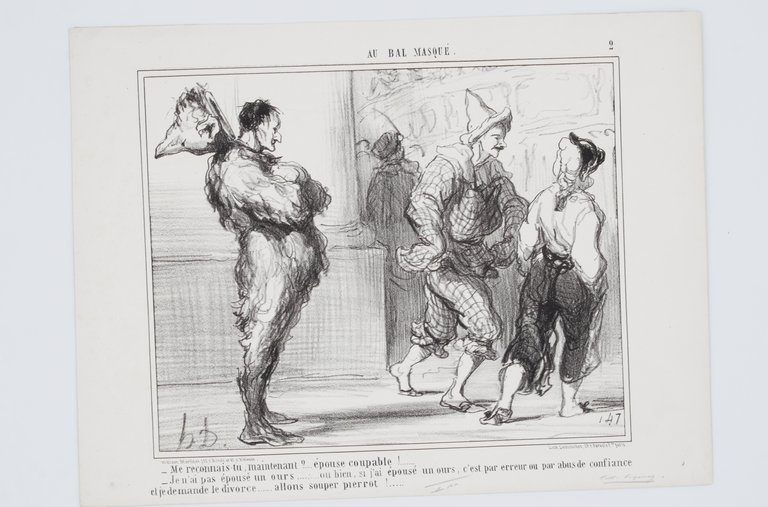 Lithographie originale en noir et blanc - Au bal masqué …