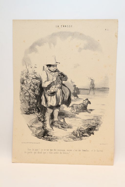 Lithographie originale en noir et blanc - La Chasse - …
