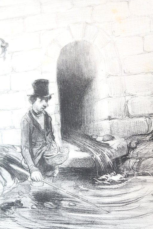 Lithographie originale en noir et blanc - La pêche - …