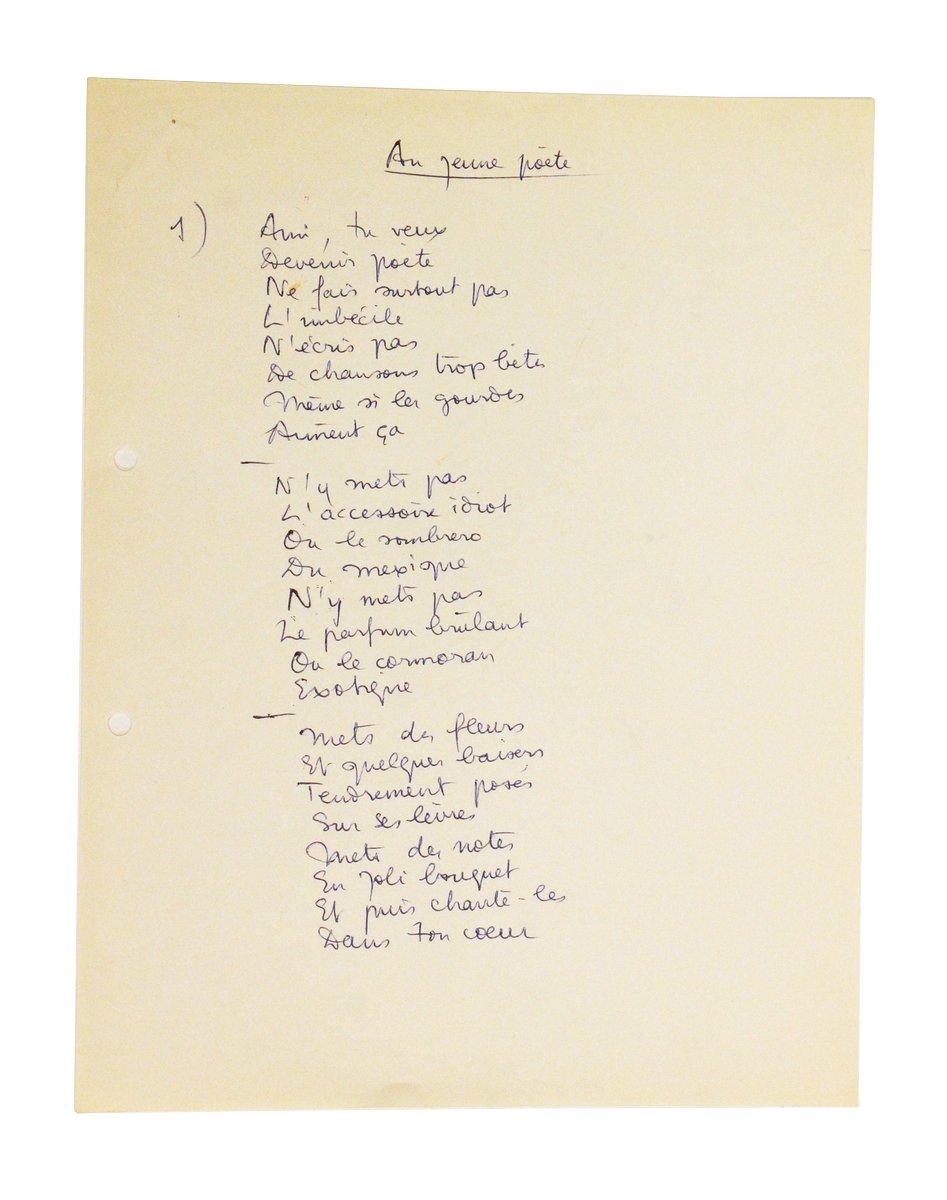 Manuscrit autographe complet de la chanson de Boris Vian intitulée …
