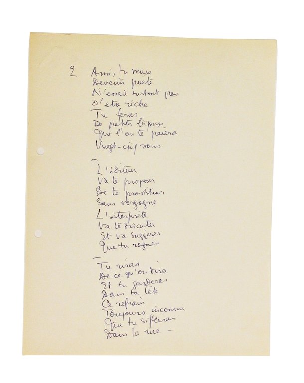 Manuscrit autographe complet de la chanson de Boris Vian intitulée …