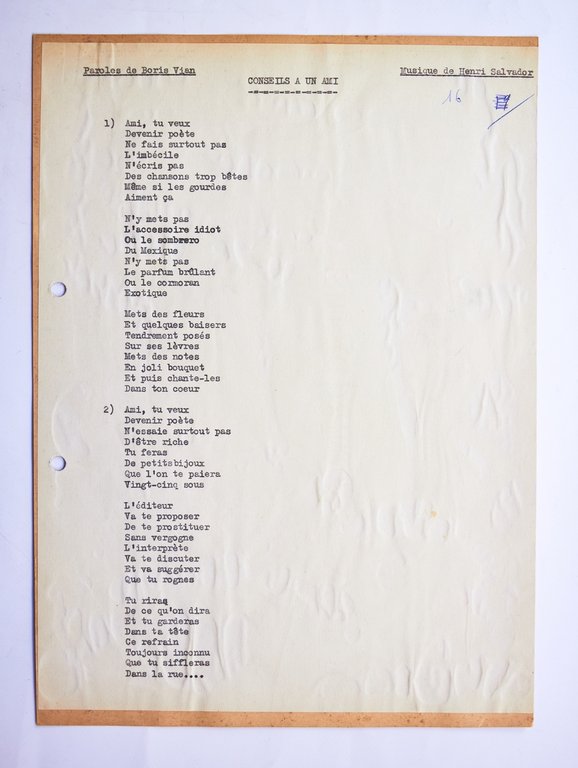 Manuscrit autographe complet de la chanson de Boris Vian intitulée …