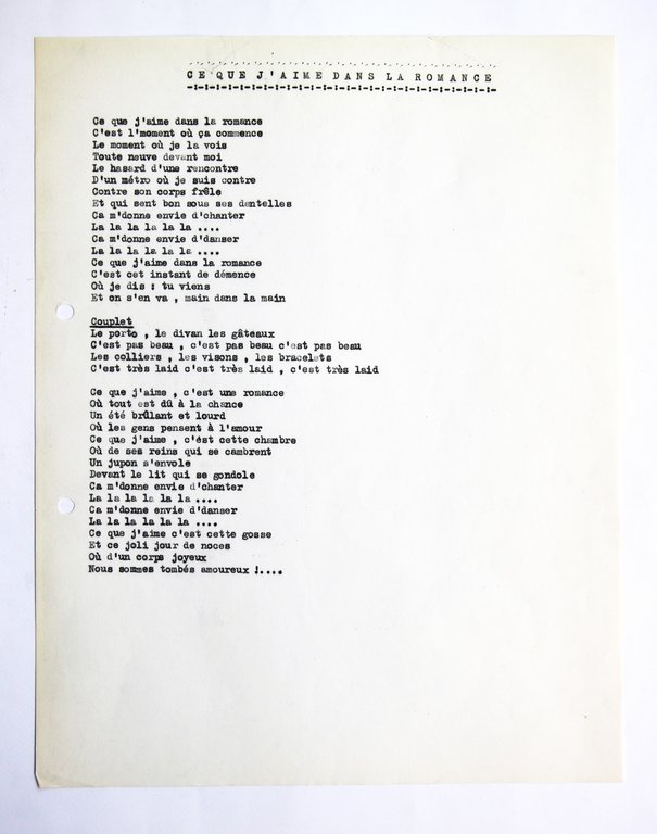 Manuscrit autographe complet de la chanson de Boris Vian intitulée …