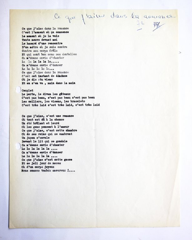 Manuscrit autographe complet de la chanson de Boris Vian intitulée …