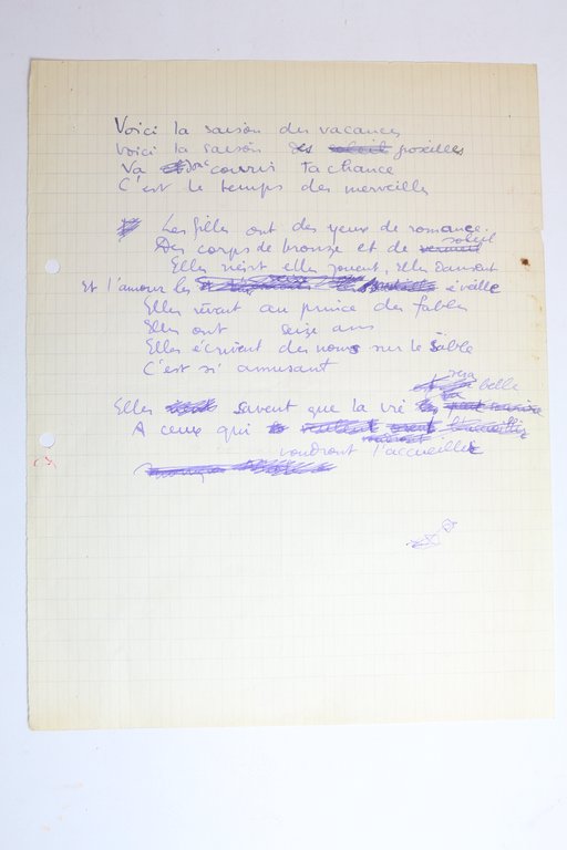 Manuscrit autographe complet de la chanson de Boris Vian intitulée …