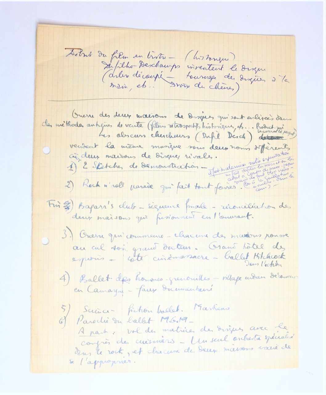 Manuscrit autographe inédit d'un projet de scénario cinématographique de Boris …