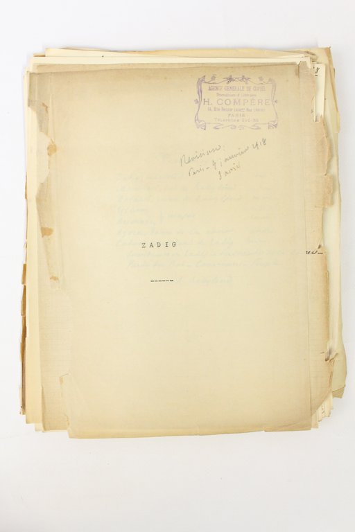 Manuscrits et tapuscrits autographes de Zadig