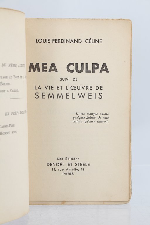 Mea culpa suivi de La vie et l'oeuvre de Semmelweis