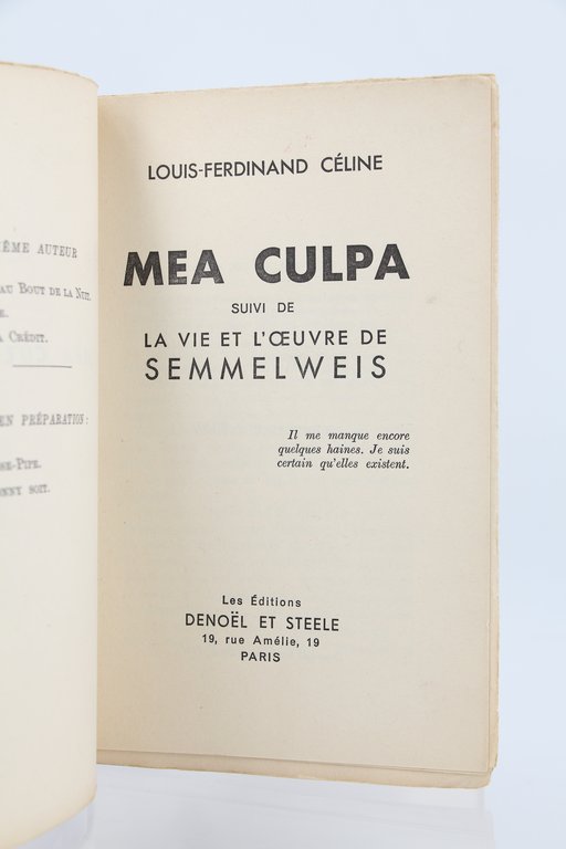 Mea culpa suivi de La vie et l'oeuvre de Semmelweis
