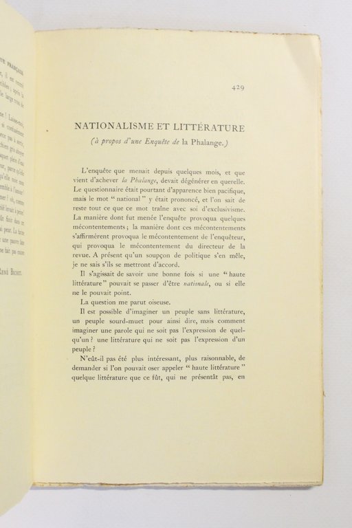 Nationalisme et littérature (1ère partie) in La Nouvelle Revue française …