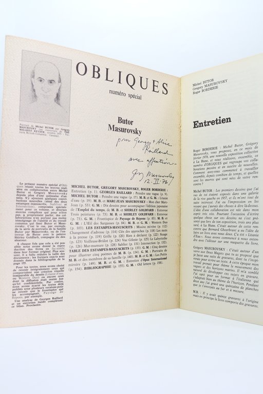 Obliques. Numéro spécial Michel Butor & Gregory Masurovsky
