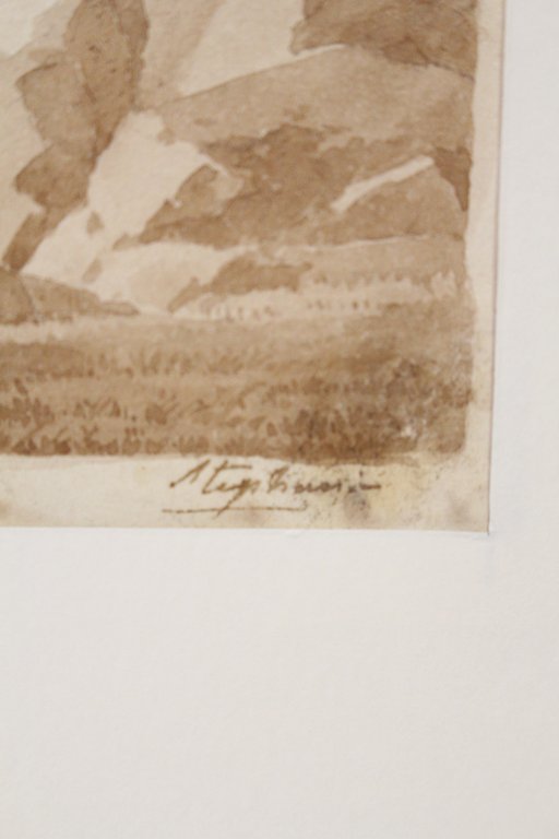 Dessin original à l'encre : Paysage italien