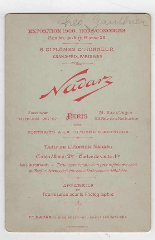 [PHOTOGRAPHIE DE PAUL NADAR] Portrait photographique de Théophile Gautier à …