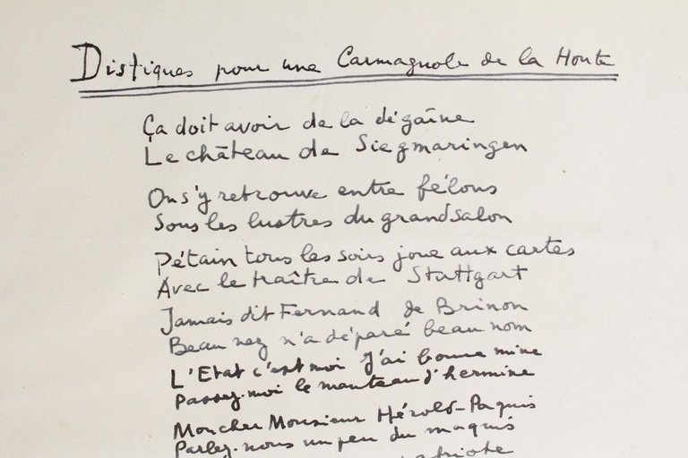 Distiques pour une carmagnole de la Honte • Poème autographe
