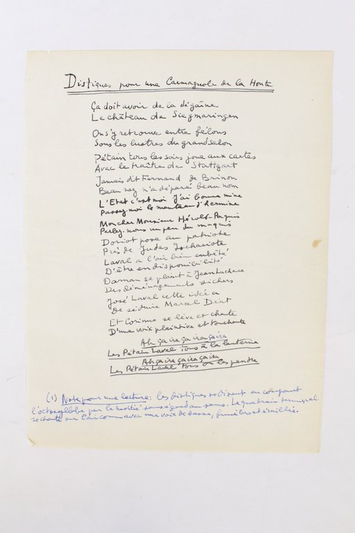 Distiques pour une carmagnole de la Honte • Poème autographe