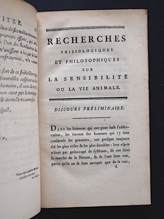 Recherches phisiologiques et philosophiques sur la sensibilité ou la vie …