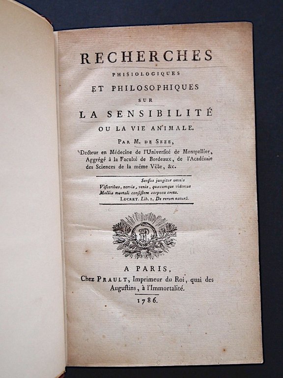 Recherches phisiologiques et philosophiques sur la sensibilité ou la vie …