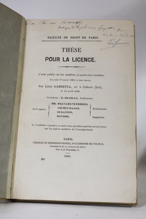 Thèse pour la licence soutenue par Léon Gambetta
