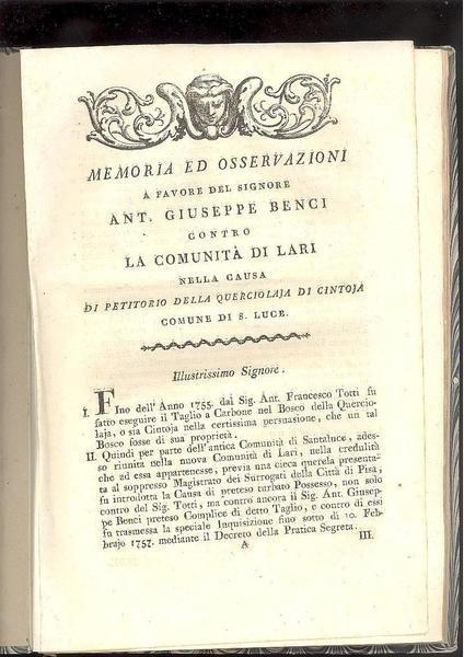 MEMORIA ED OSSERVAZIONI A FAVORE DEL SIGNORE ANT. GIUSEPPE BENCI …