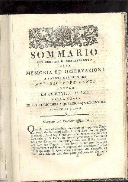 MEMORIA ED OSSERVAZIONI A FAVORE DEL SIGNORE ANT. GIUSEPPE BENCI …
