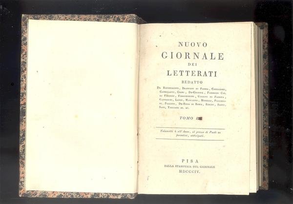 NUOVO GIORNALE DEI LETTERATI REDATTO DA BARZELLOTTI, BRAMIERI, ECC.TOMO I, …