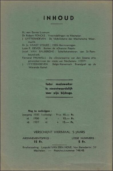 Mechelsche bijdragen. 6e Jaargang Nr 1 Bij een eerste lustrum …