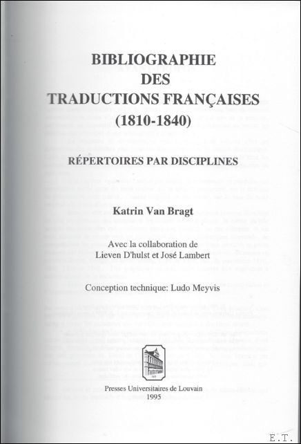 Bibliographie des traductions francaises (1810-1840). Repertoire par disciplines.