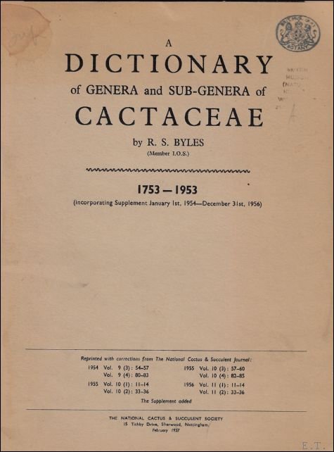 DICTIONARY OF GENERA AND SUB-GENERA OF CACTACEAE 1753 - 1953,