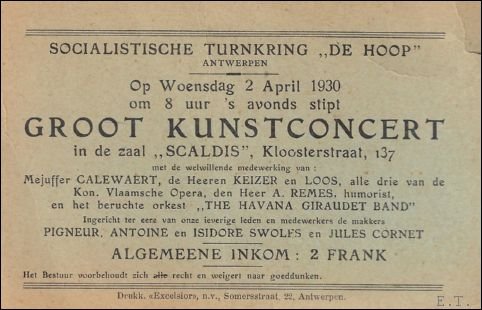 GROOT KUNSTCONCERT IN DE ZAAL SCALDIS, KLOOSTERSTRAAT 137,