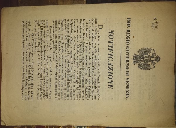 Notificazione N. 44092/2392. Regolamento per l'emporio delle merci nazionali da …