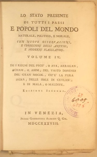 Lo Stato presente di tutti i paesi, e popoli del …