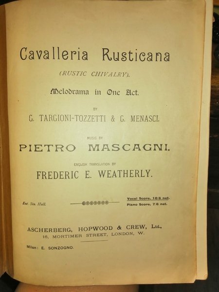 Cavalleria Rusticana (Rustic Chivalry). Melodrama in one act by G. …
