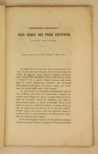 Particola relativa alle acque dei pozzi artesiani di recente forati …