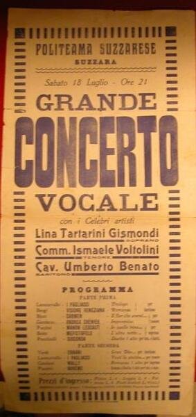 GRANDE CONCERTO VOCALE. Locandina per uno spettacolo al "Politeama Suzzarese" …