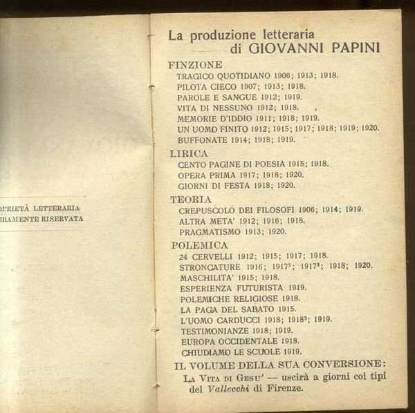 GIOVANNI PAPINI. A proposito della sua conversione. Spunti ed Appunti.