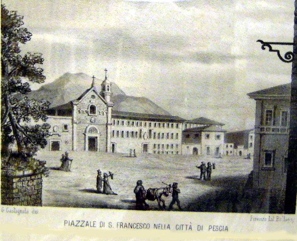 PIAZZALE DI SAN FRANCESCO NELLA CITTÀ DI PESCIA. Litografia originale …