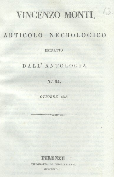 VINCENZO MONTI. Articolo necrologico estratto dall'Antologia". N°94, Ottobre 1828.