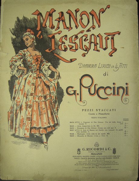 MANON LESCAUT" DI GIACOMO PUCCINI (1893). Spartito originale con coperta …