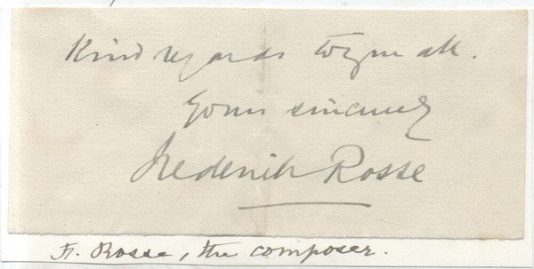 Biglietto con dedica autografa a firma del compositore Frederick Rosse.