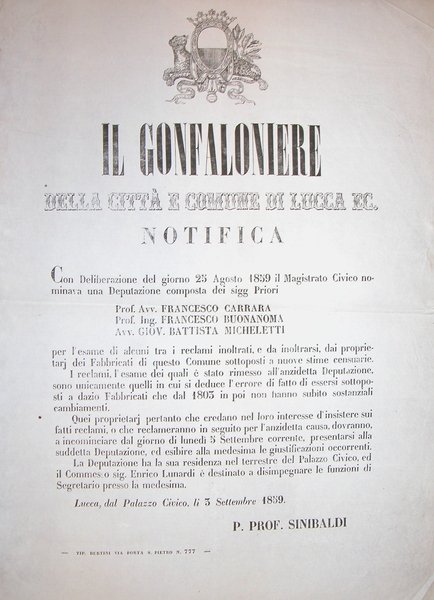 Notificazione ufficiale del Gonfaloniere della Città e Comune di Lucca …