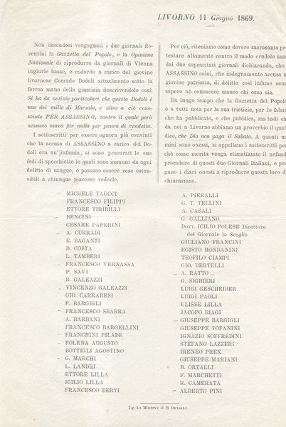 Volantino politico livornese in difesa del patriotta Corrado Dodoli, garibaldino, …