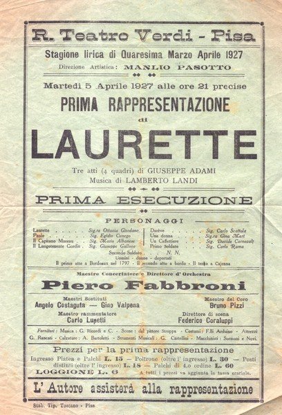 Locandina originale per la prima rappresentazione assoluta al Teatro Verdi …