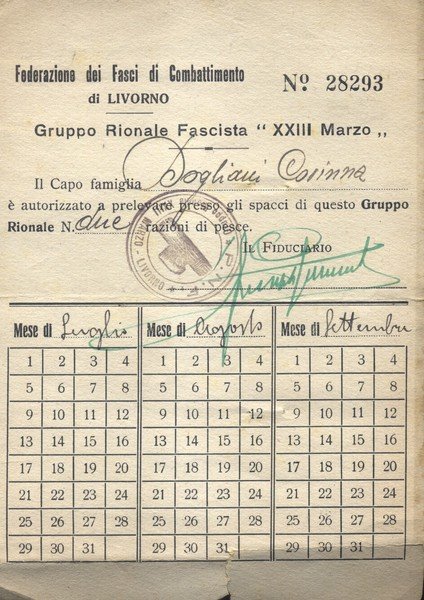 Tessera N°28293 del Gruppo Rionale Fascista "XXIII Marzo" di Livorno …