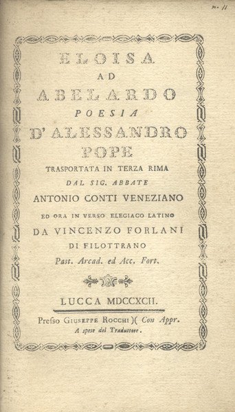 ELOISA AD ABELARDO. Poesia di Alessandro Pope trasportata in terza …
