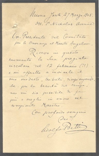 Lettera autografa firmata del musicista e compositore Adolfo Betti inviata …