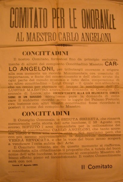 COMITATO PER LE ONORANZE AL MAESTRO ANGELONI A LUCCA. Manifesto …