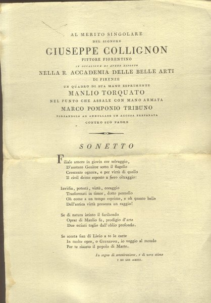 AL MERITO SINGOLARE DEL SIGNORE GIUSEPPE COLLIGNON PITTORE FIORENTINO. In …