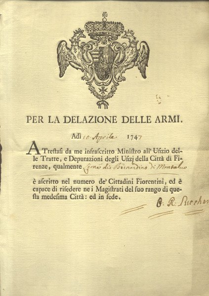 PER LA DELAZIONE DELLE ARMI. Documento originale settecentesco a stampa, …