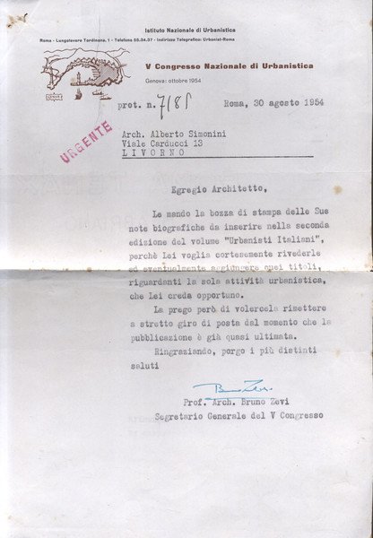 Lettera dattiloscritta a firma dell'architetto Bruno Zevi.