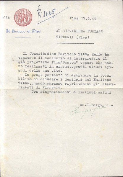 Lettera dattiloscritta firmata del Sindaco di Pisa Italo Bargagna.